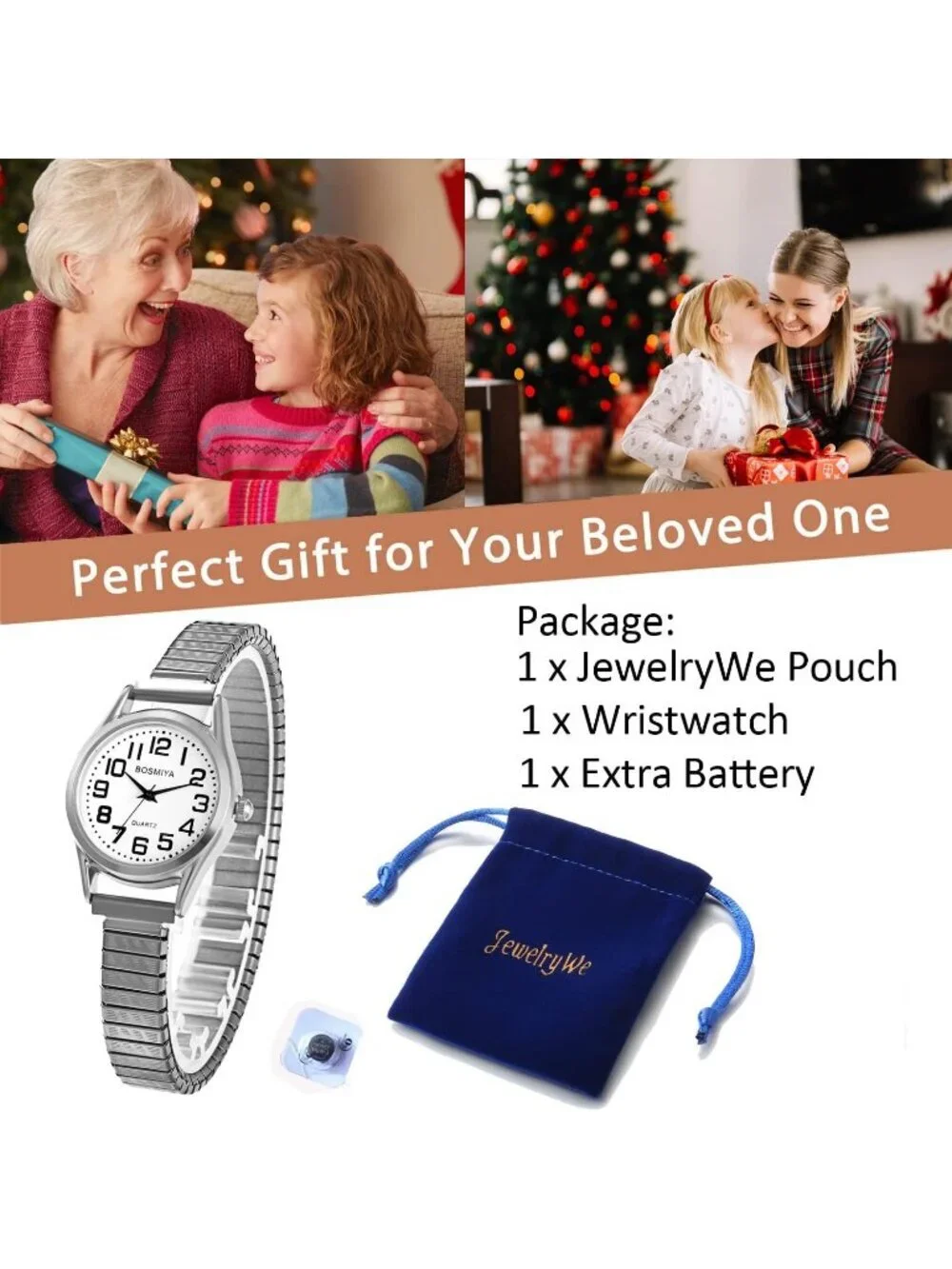 Women Silver Analog Quartz Small Dial Easy Reader Stretch Band Round Wrist Watch